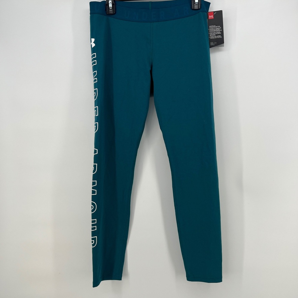Under Armour Womens Leggings Teal Green White‎ Logo Athletic Fitted Size L New